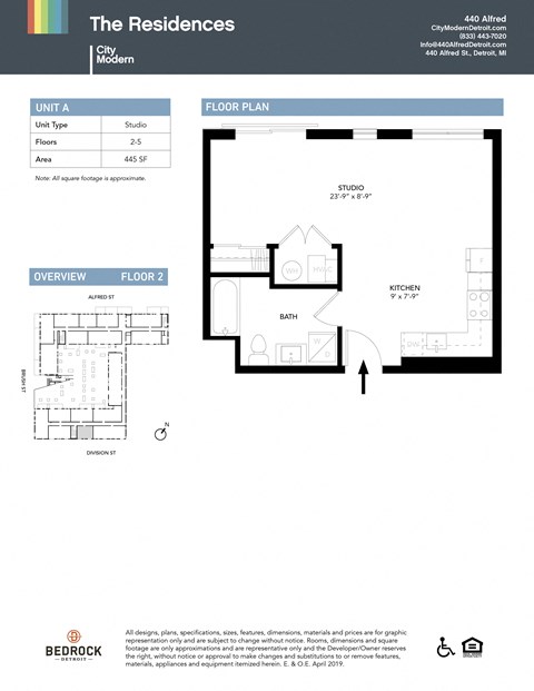 Floor plan for studio, 1 bath, 445 sqft